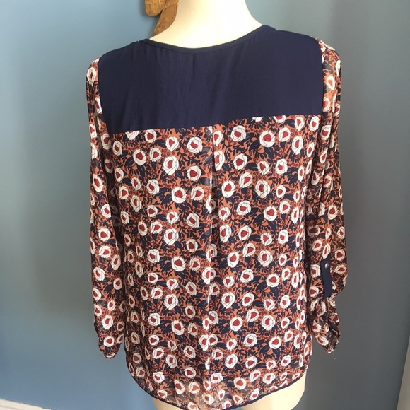 Papermoon for Stitch fix, navy terracotta floral long sleeves crew neck top Sz S - Picture 7 of 10